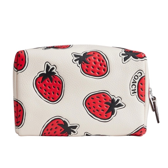 Coach Essential Cosmetic Pouch With Strawberry Print in Chalk Pebble Leather NWT - Picture 2 of 14